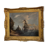 "View of a Busy Port" Oil on Canvas and its Frame, 18th Century