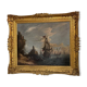 « Vue d’un port animé » huile sur toile et son cadre, xviiième siècle