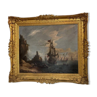 "View of a Busy Port" Oil on Canvas and its Frame, 18th Century