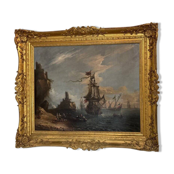 « Vue d’un port animé » huile sur toile et son cadre, xviiième siècle