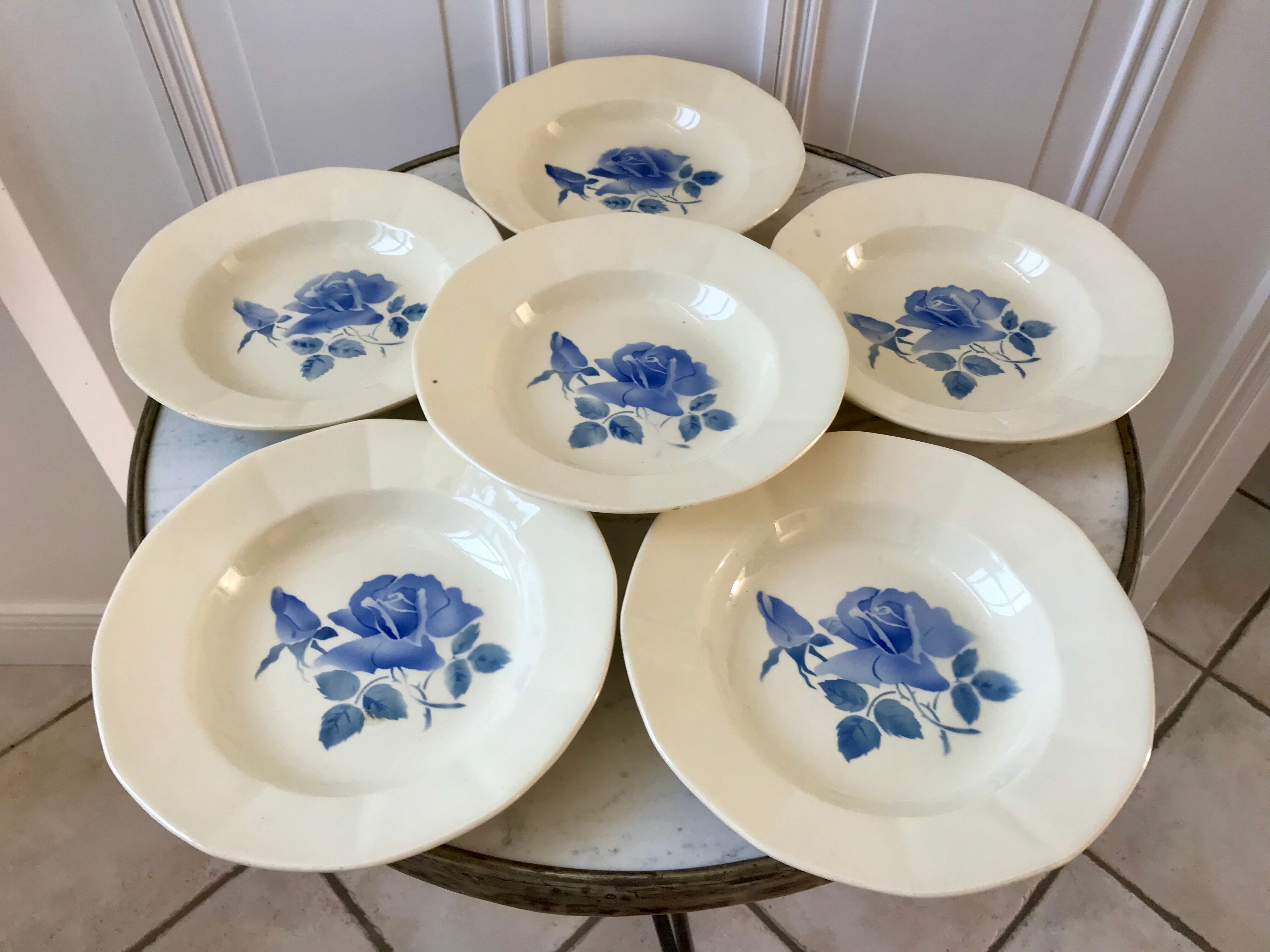 6 hollow plates Digoin Sarreguemines blue flowers 30s