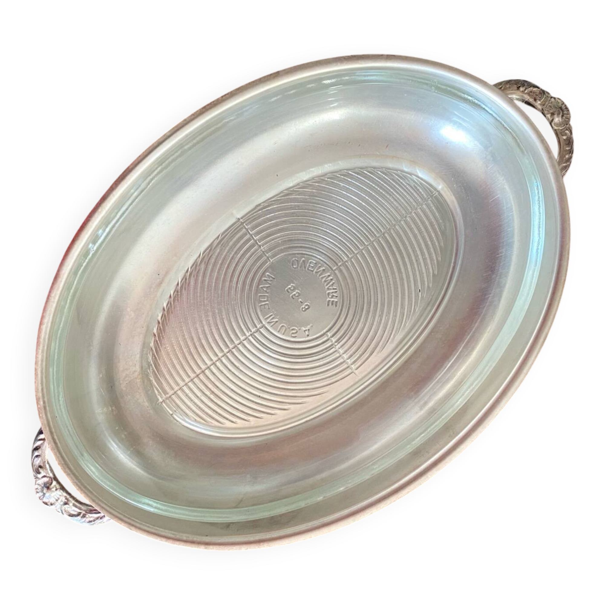Oval silver-plated metal and glass dish
