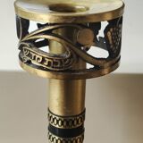 Pair of Hebrew Candlesticks. In antique gold-plated brass. Signed FFS Israel
