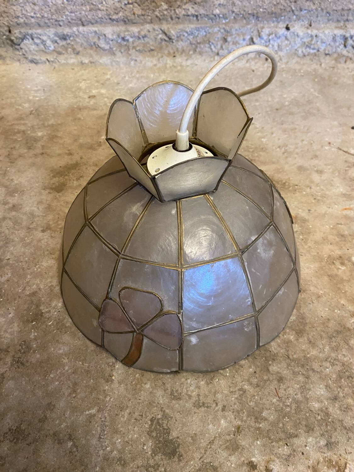 Antique Art Deco Style Pendant Light, Mother-of-Pearl & Brass, 1970s Vintage