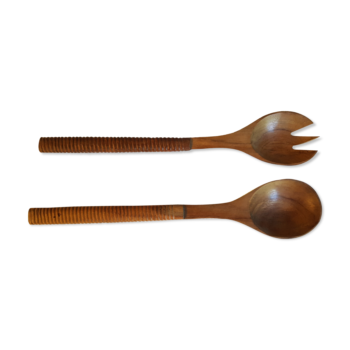 Set of rosewood salad cutlery and striated sleeve