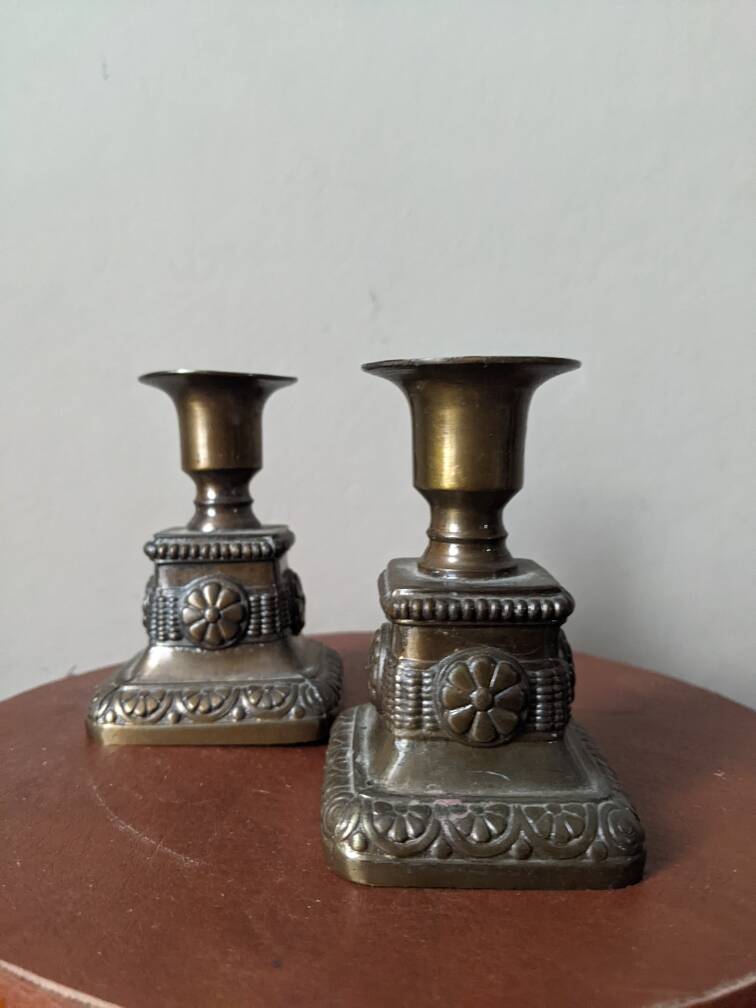 Pair of antique bronze candlesticks, bohemian country decor