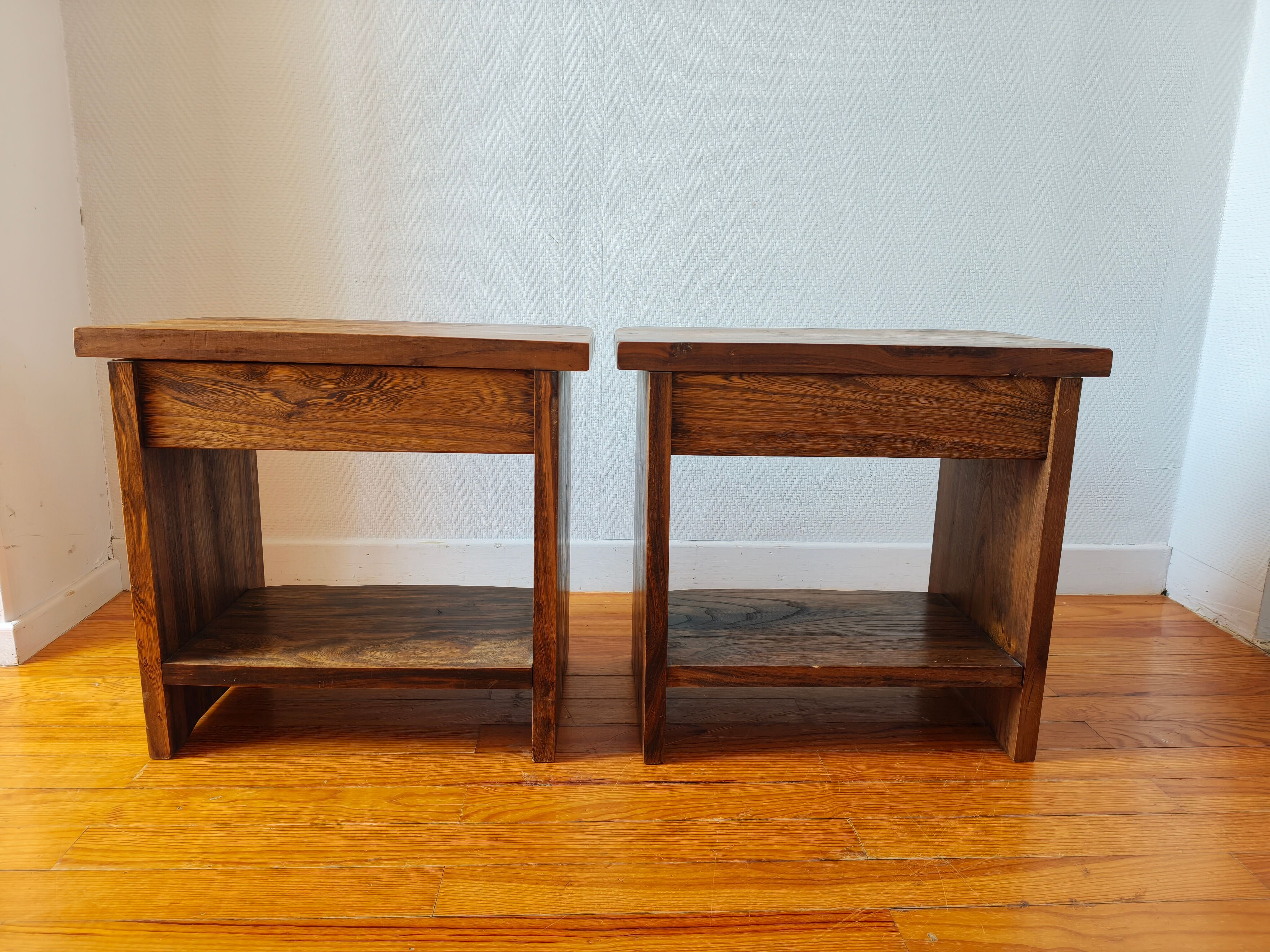 Pair of solid elm bedside tables, France 1970.