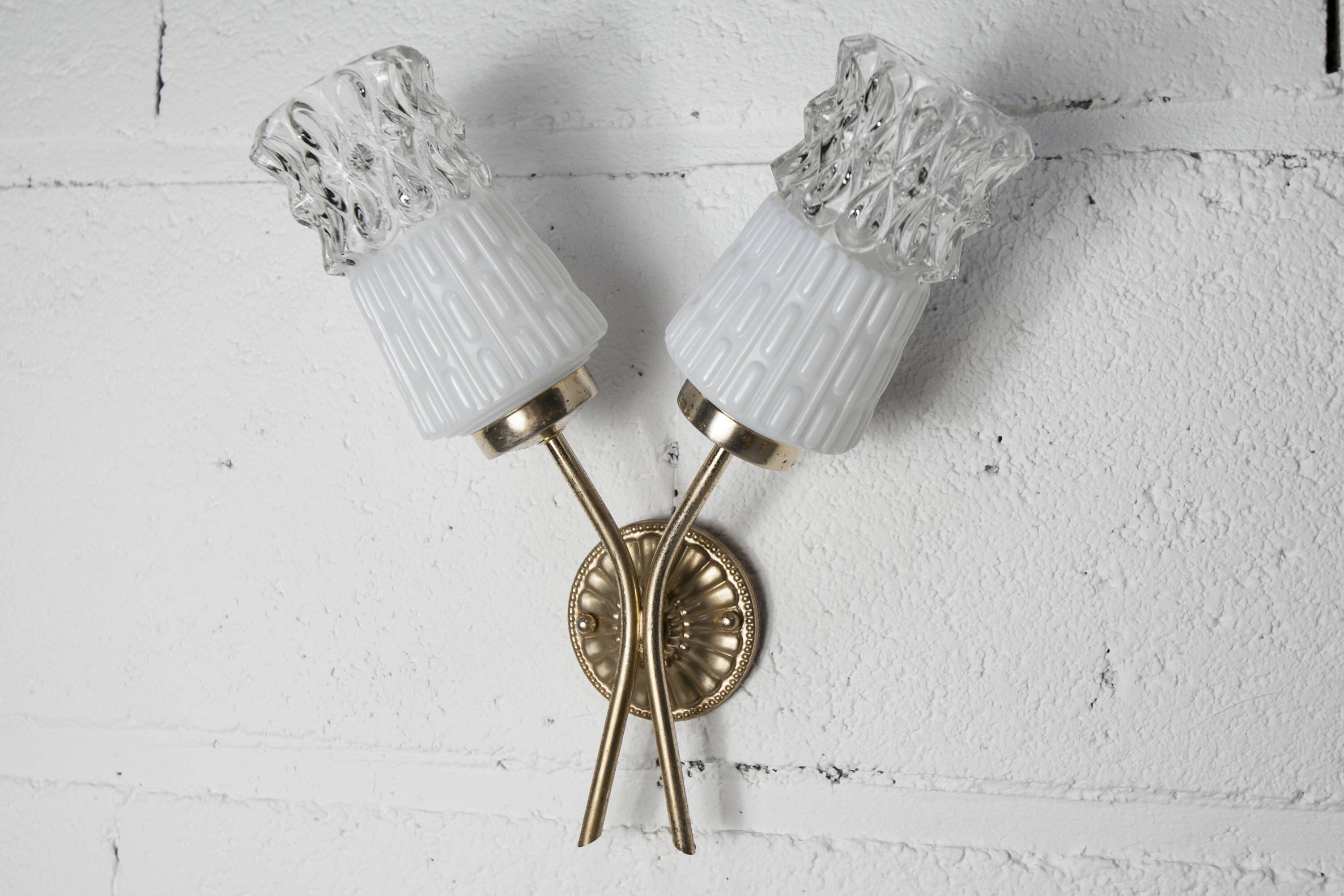 Pair of brass and glass wall lights 1960