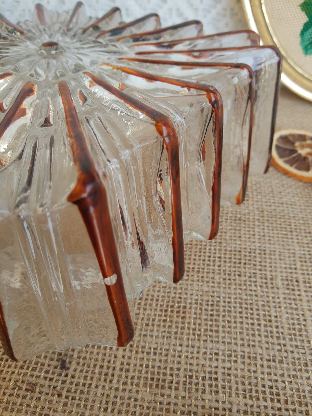 Ceiling lamp / wall lamp in molded glass two-tone square 70s