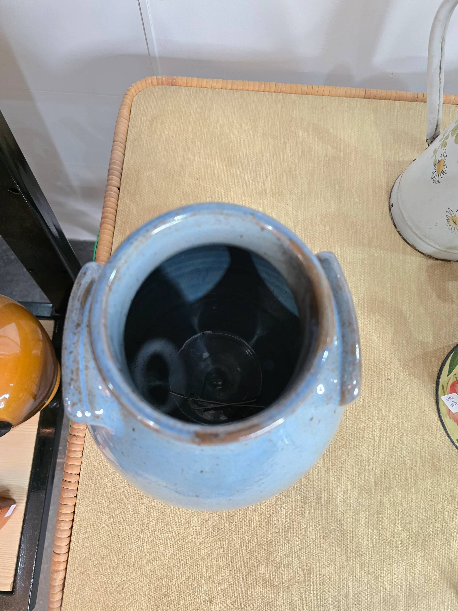 Blue glazed stoneware vase – Squat shape with handles – Handmade craftsmanship