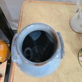 Blue glazed stoneware vase – Squat shape with handles – Handmade craftsmanship