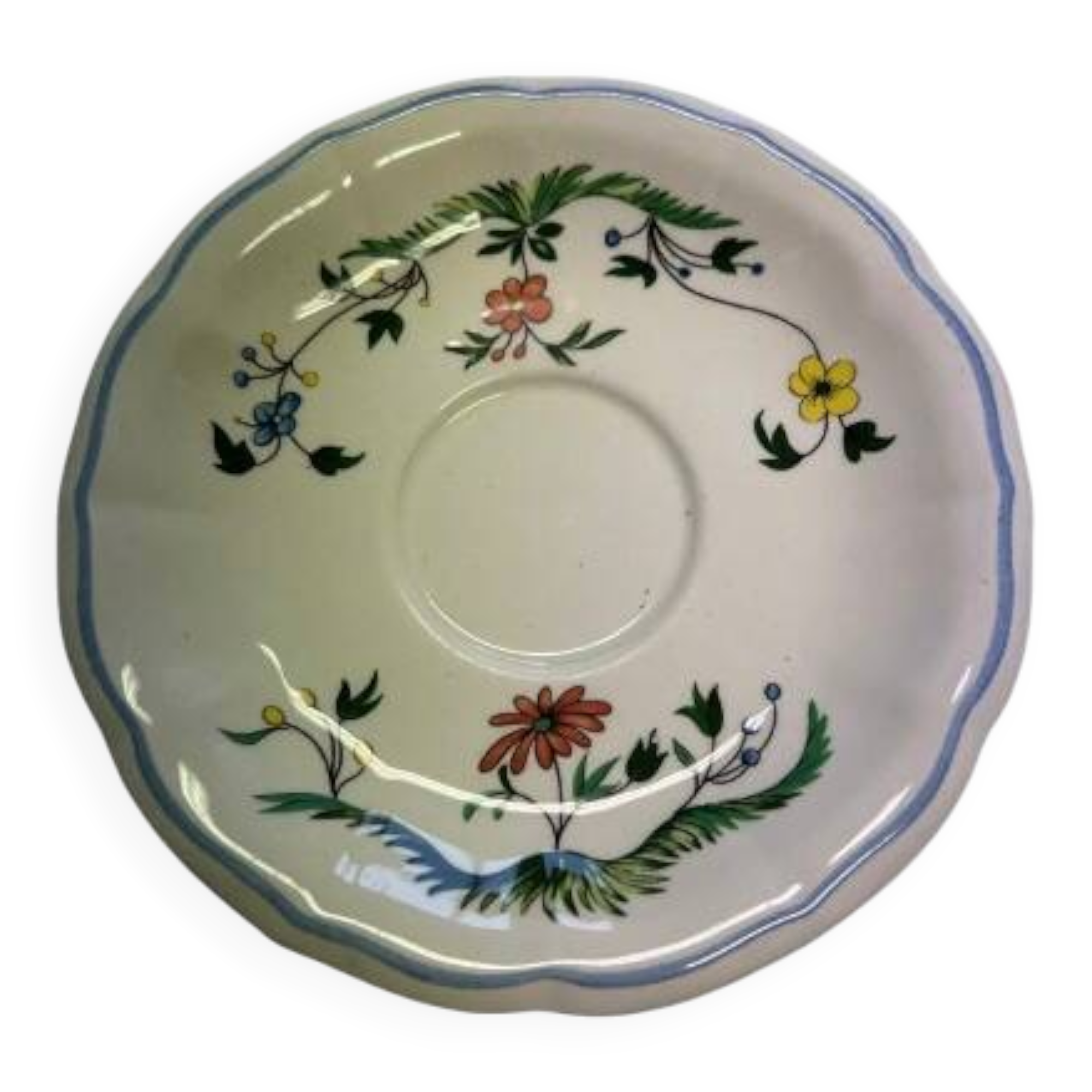 Gien earthenware saucer, decorated with birds of paradise.