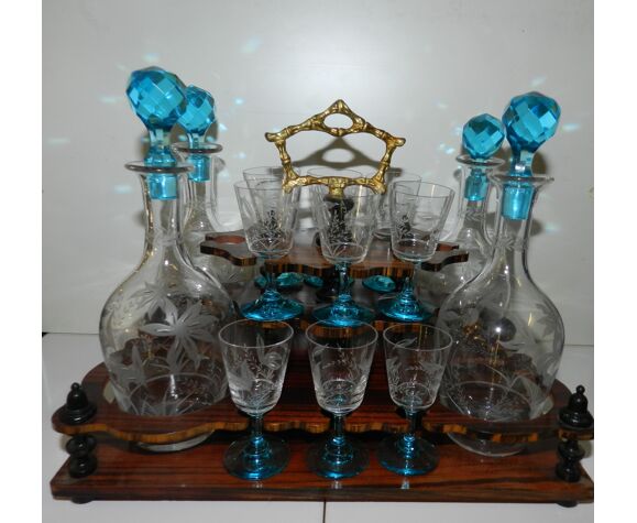 Cabaret en macassar carafes et verres cristal gravé | Selency