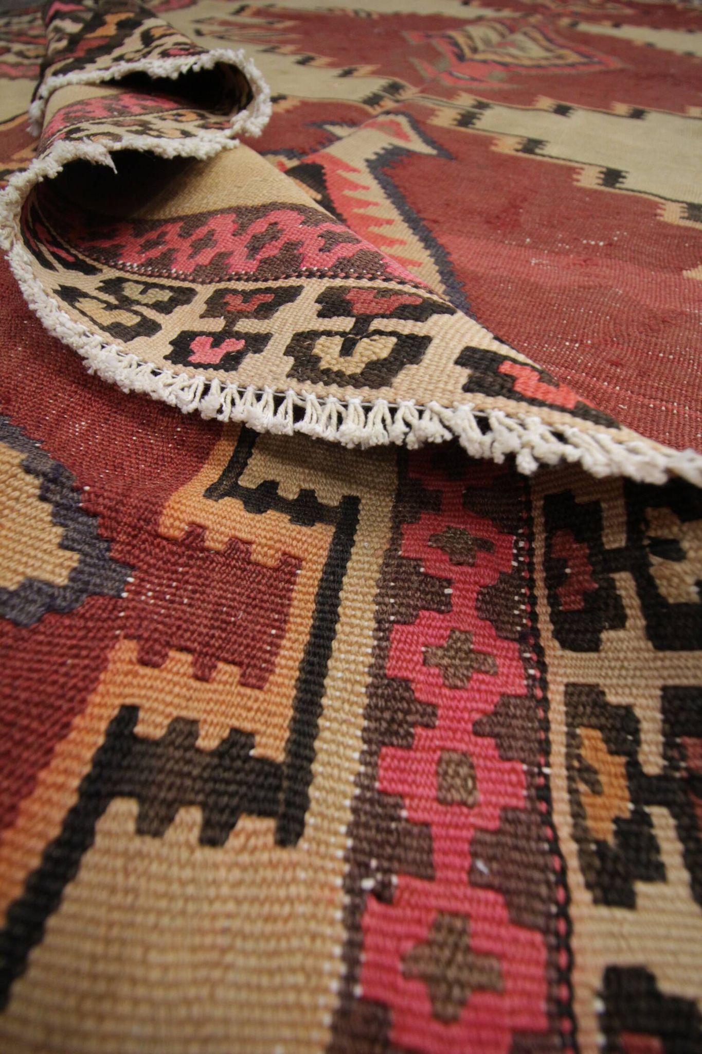 Vintage Kilim Rug 1980s Beige Terracotta Wool Flatweave 290 x 175 cm