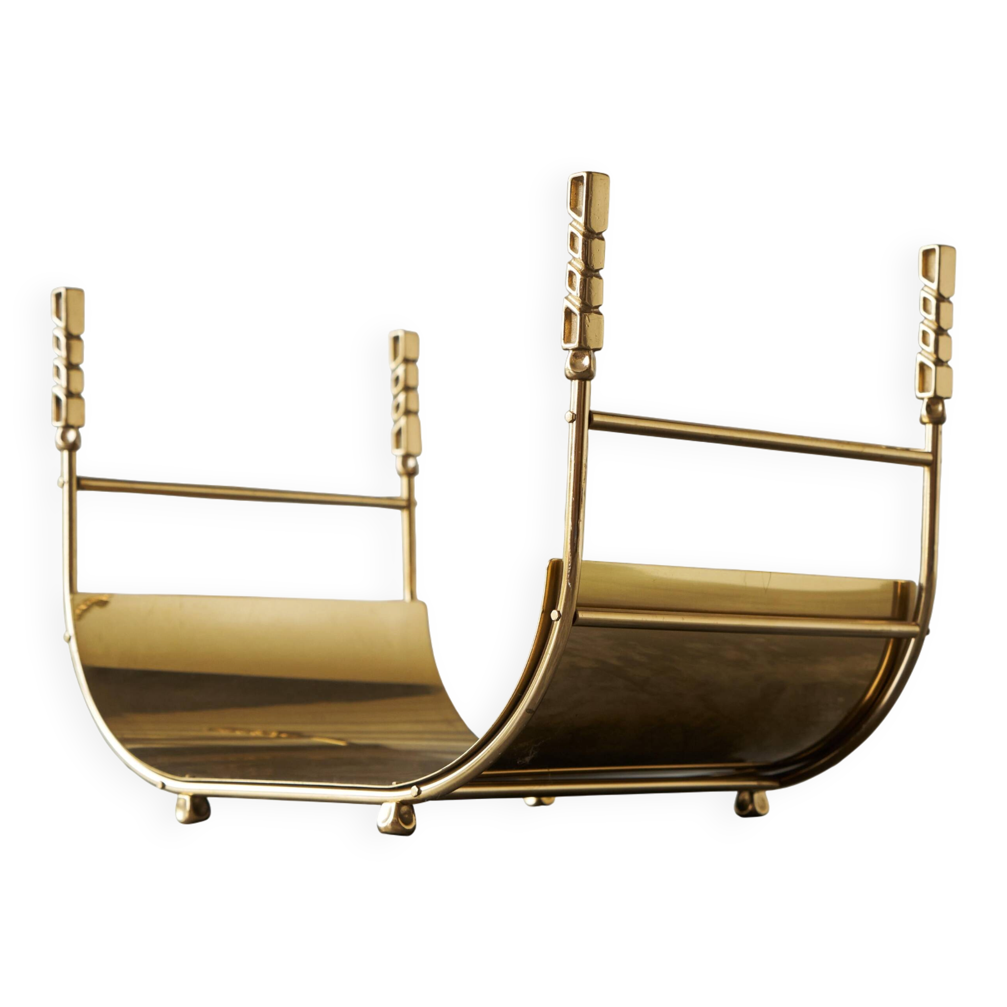 Sculptural brass magazine rack or basket from the 1970s.