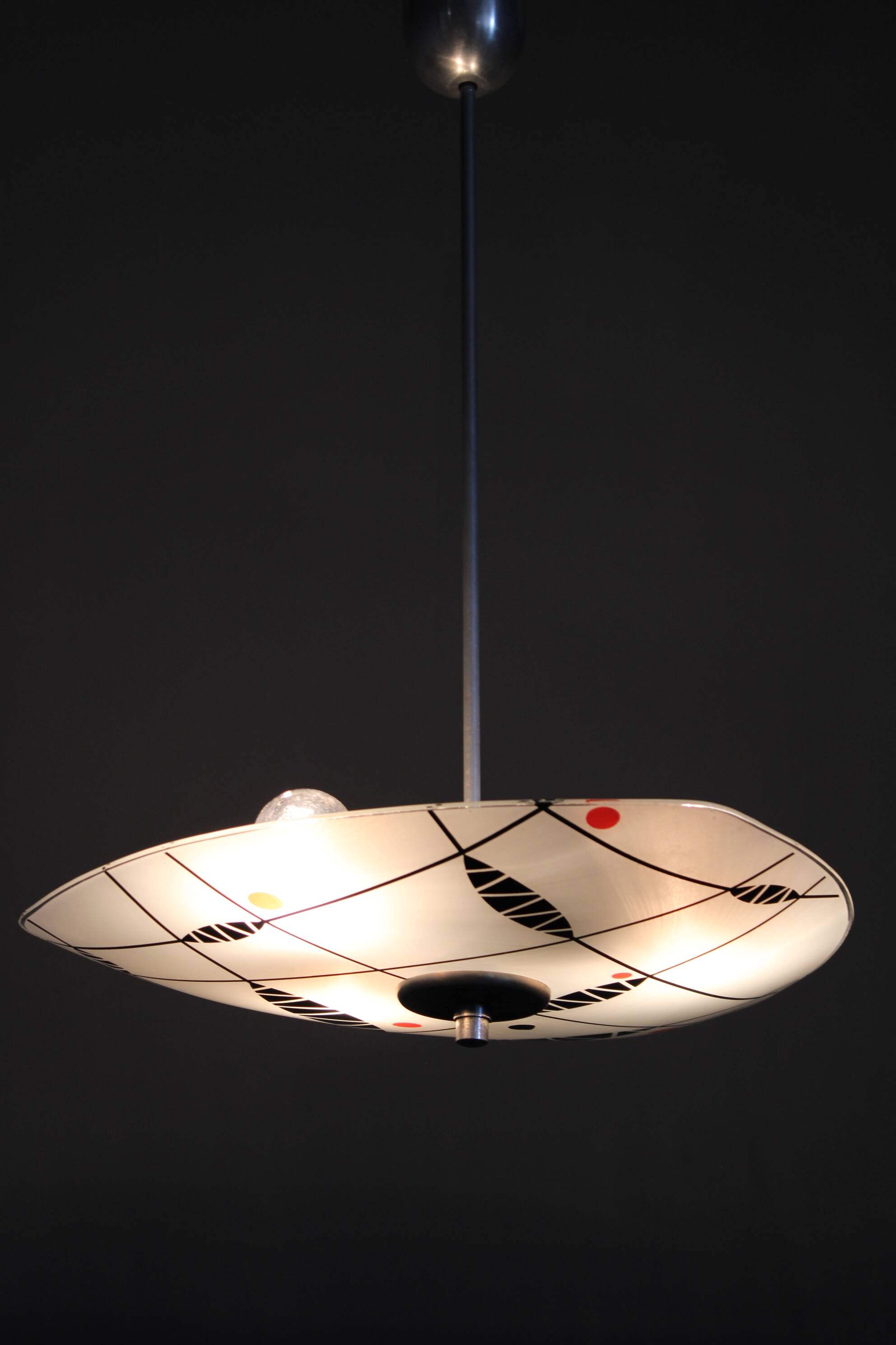 Mid-century pendant chandelier, chromed metal and glass, Czechoslovakia 1970s