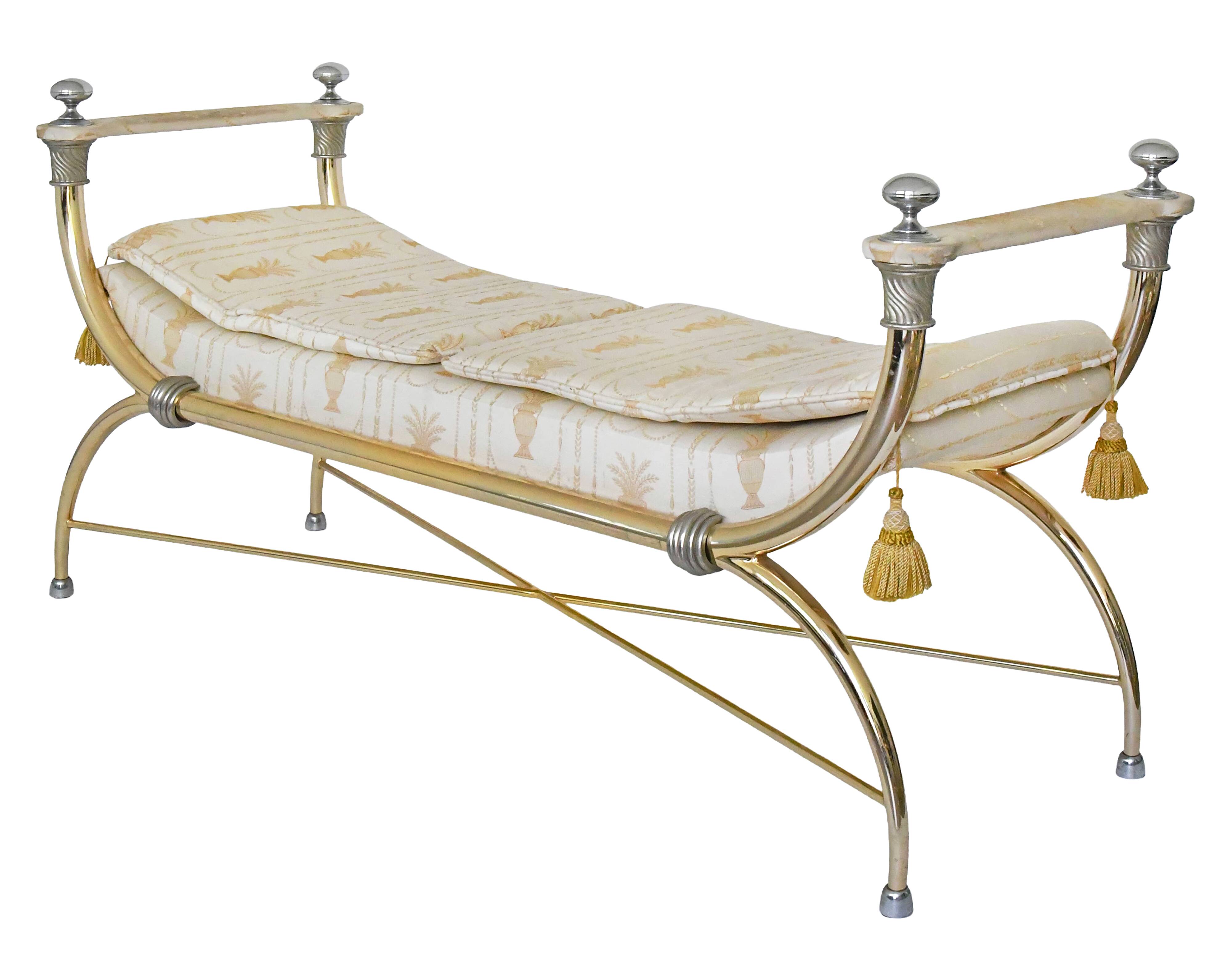 Bench in gilded brass and Empire-style fabric