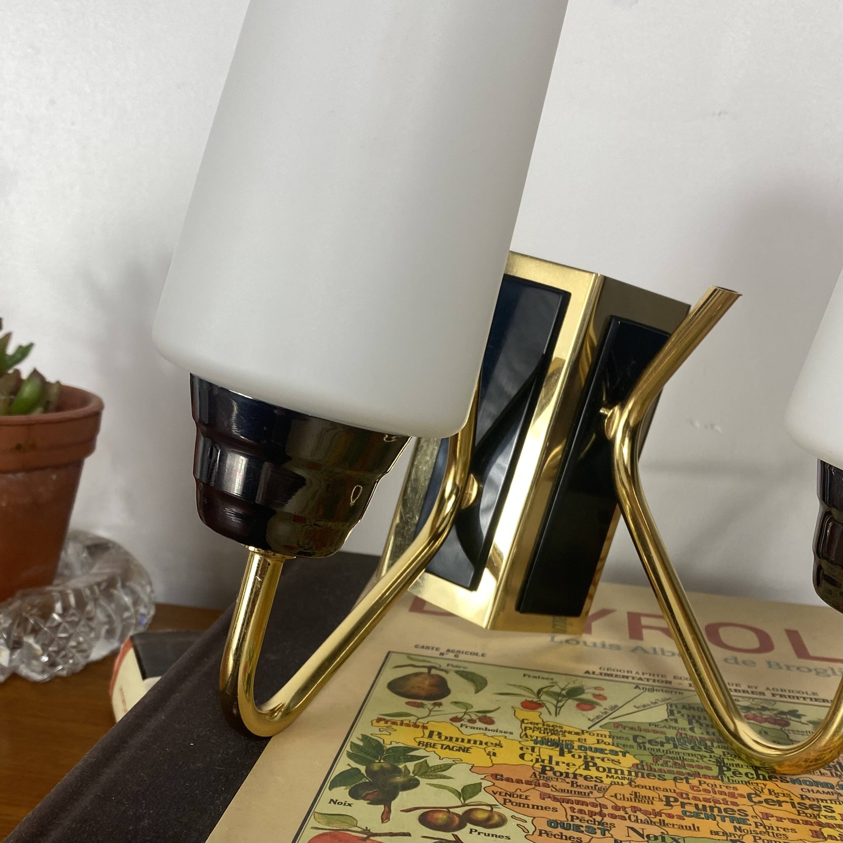 Double corner wall light 1950s 1960s in gilded metal with glass tulips.