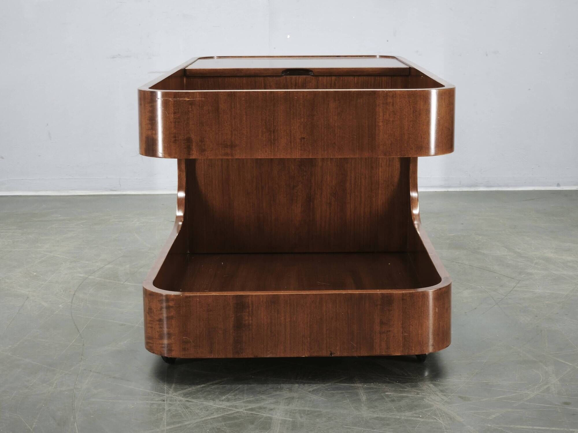 1970s Italian Modernist Wood and Smoked Glass Bar Cart