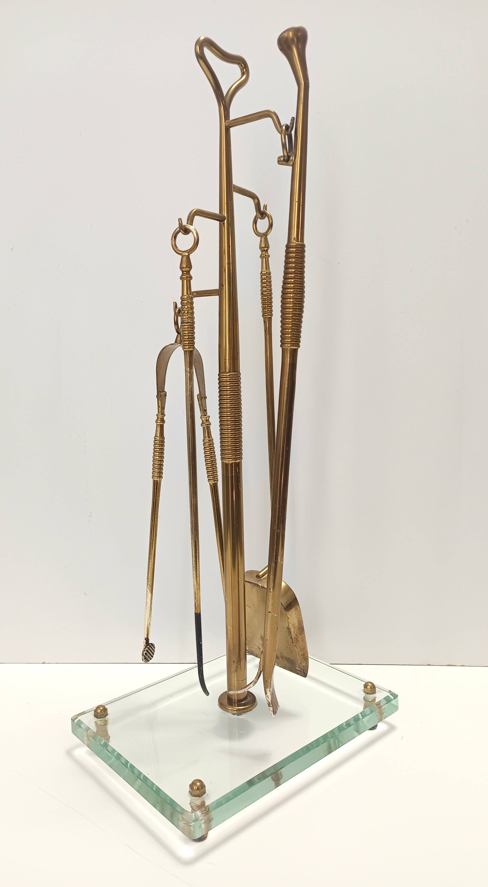 Brass, Iron and Thick Glass Fireplace Tools Set attr. to Fontana Arte