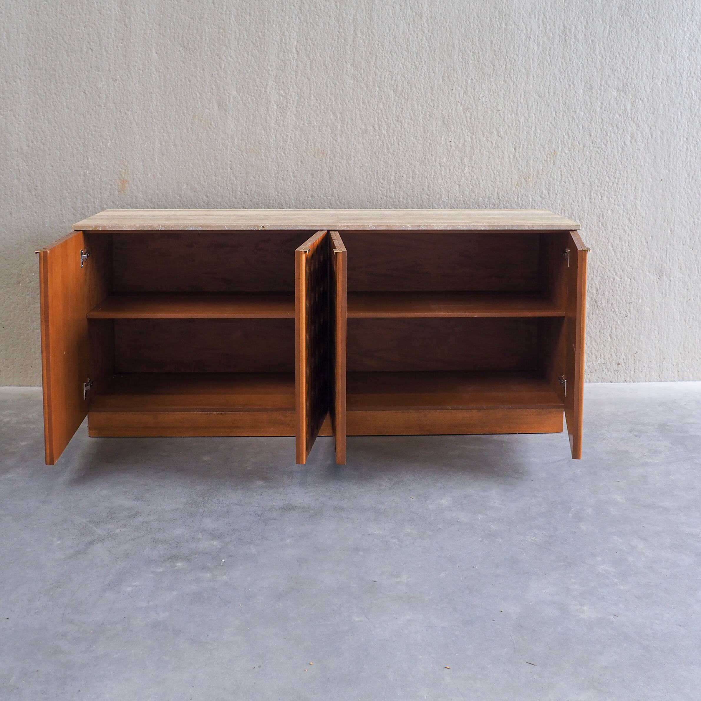 Contemporary Brutalist Carved Wood Sideboard With Travertine Top In review