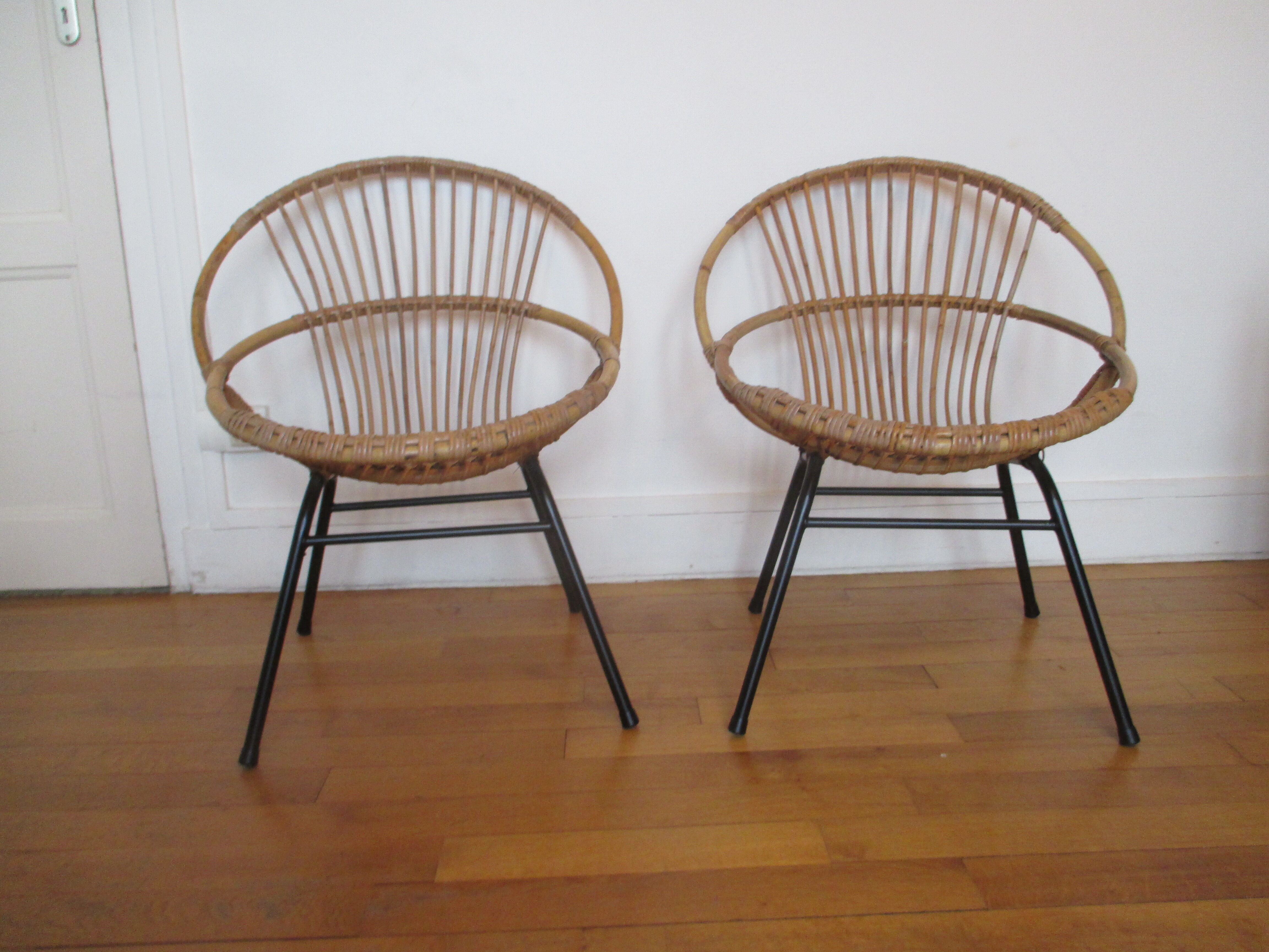 Shell armchairs in rattan and metal year 60