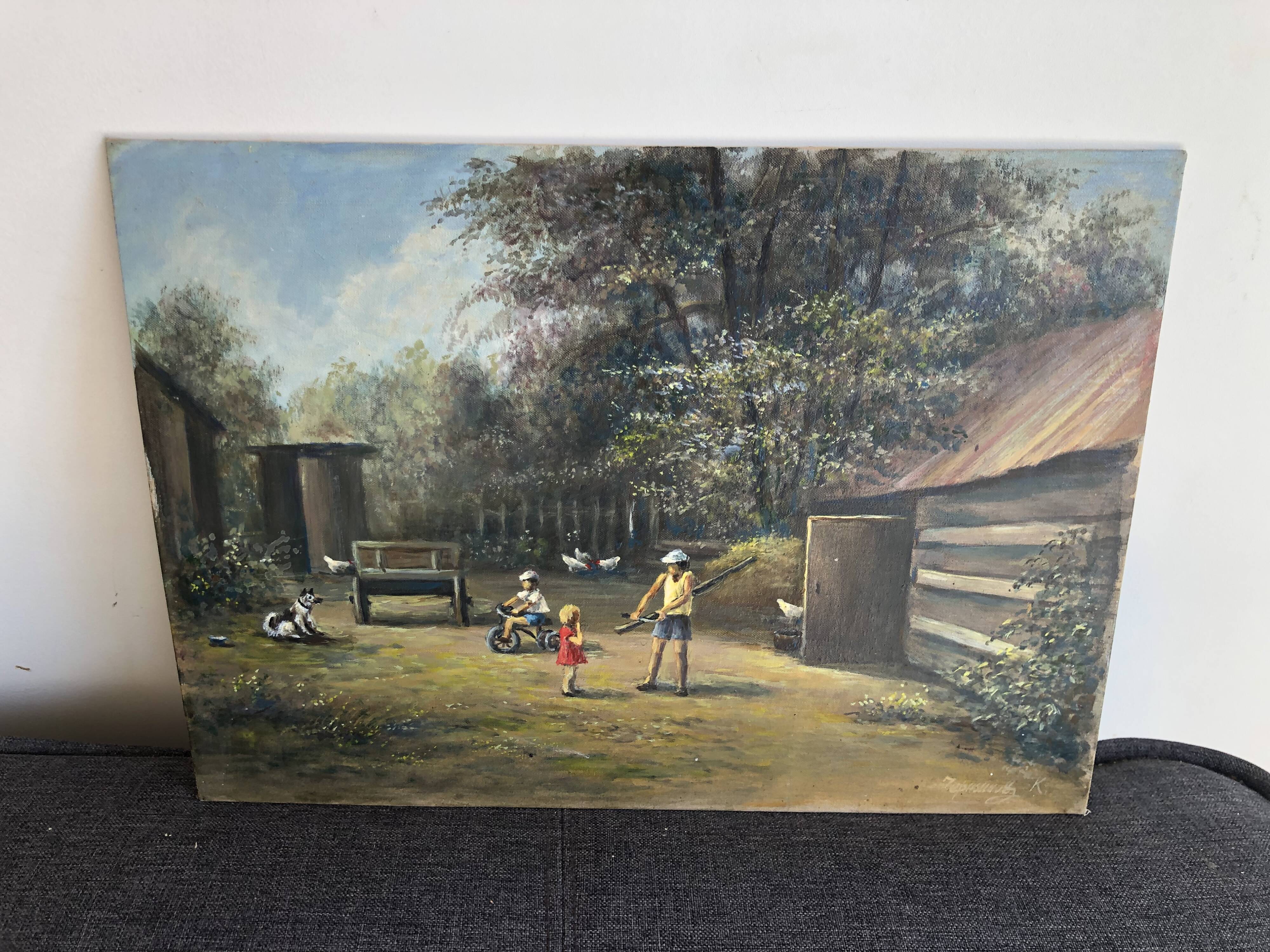 Oil on cardboard picturesque Russian stage