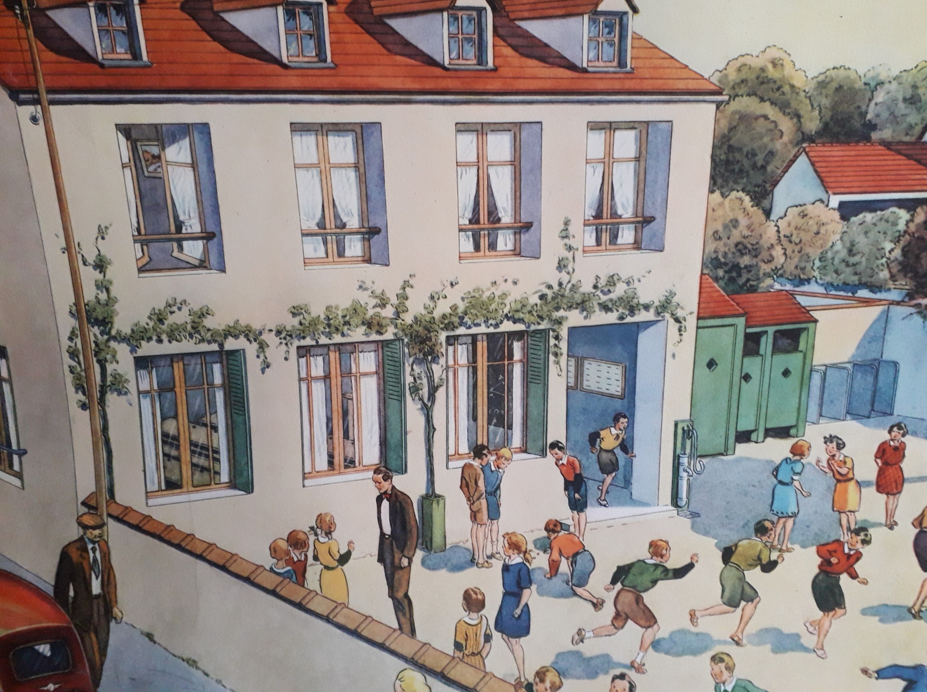 School poster 50s, Rossignol editions, cardinal points the school plan