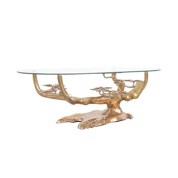 Table basse en verre et bonsaï en laiton Willy Daro, années 1970
