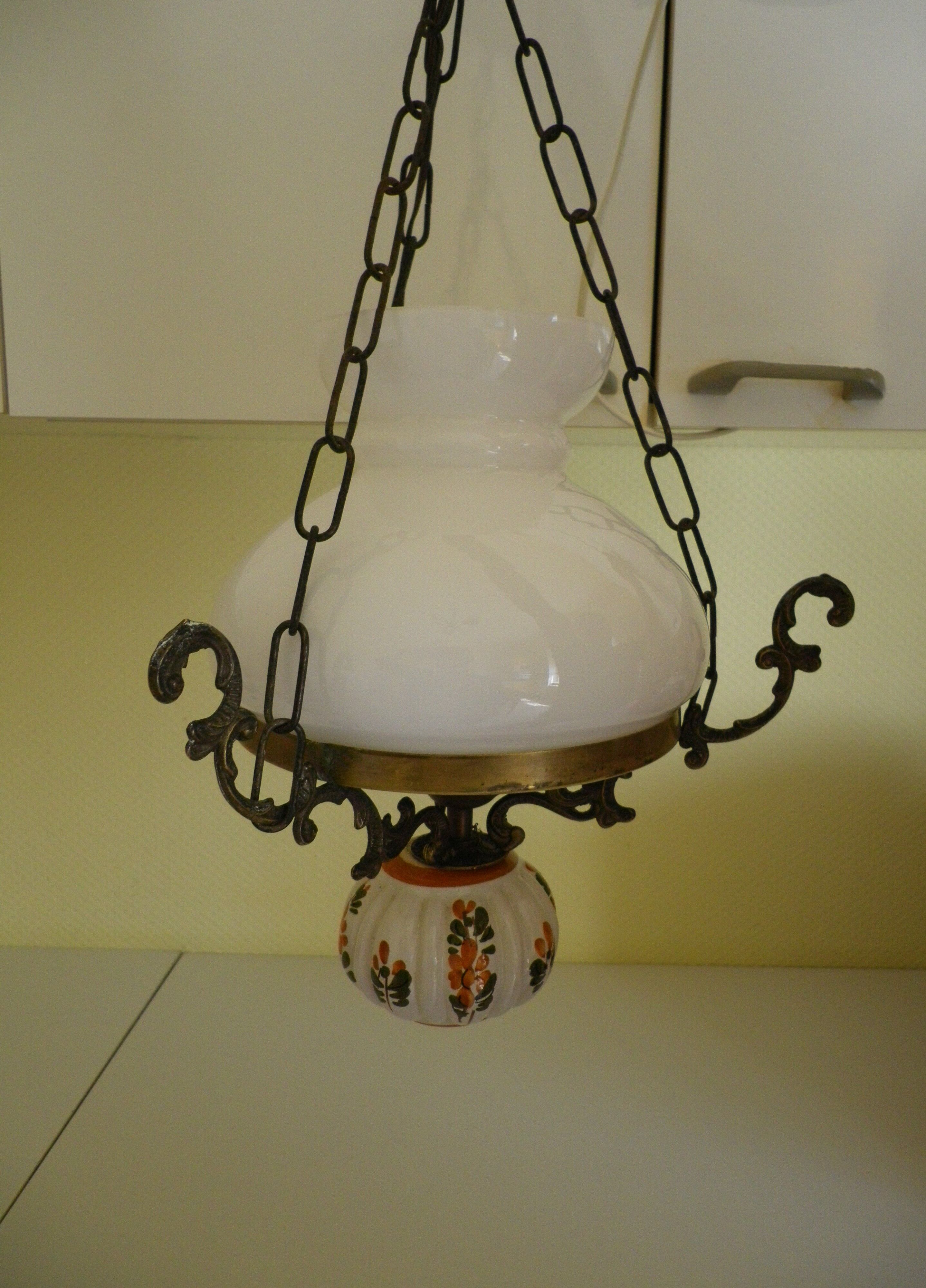 Hanging lamp of the 1950s, white opaline shade and porcelain decoration