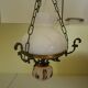 Hanging lamp of the 1950s, white opaline shade and porcelain decoration