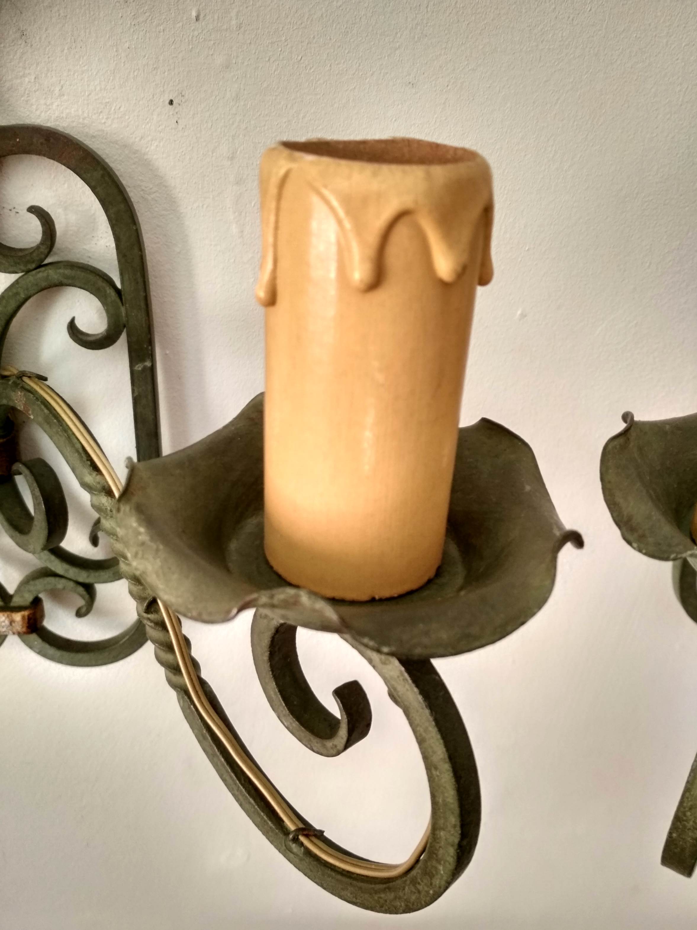Pair of old wrought iron sconces patina green and gold - 2 lights