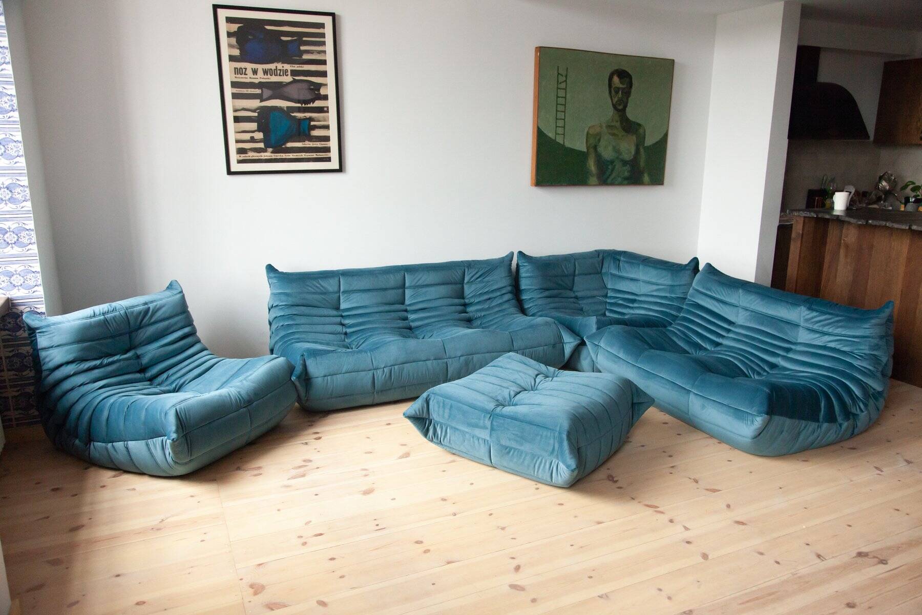 Togo living room set in blue velvet by Michel Ducaroy for Ligne Roset, set of 5