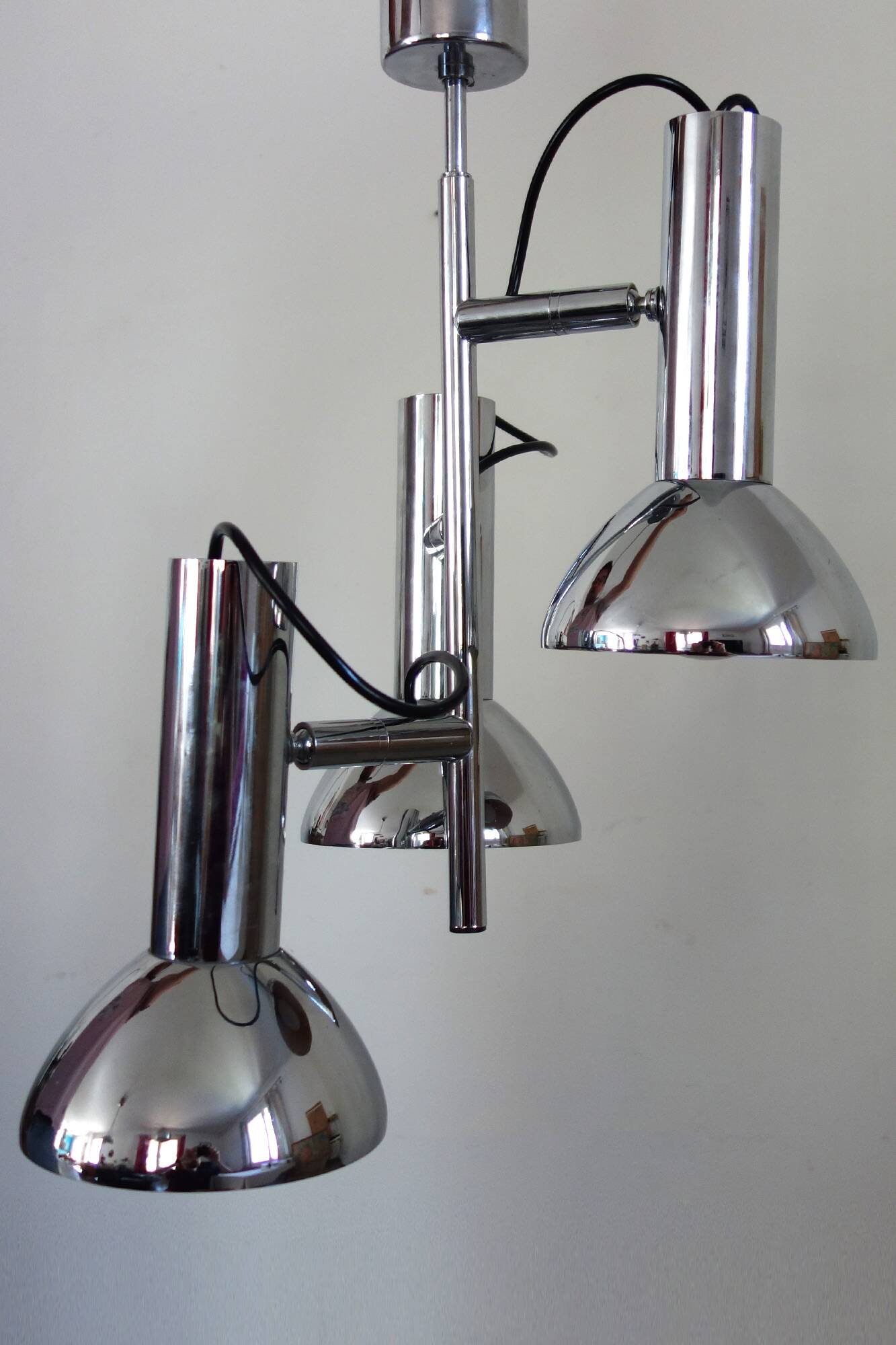 Chrome metal 3-spot chandelier from the 1970s.