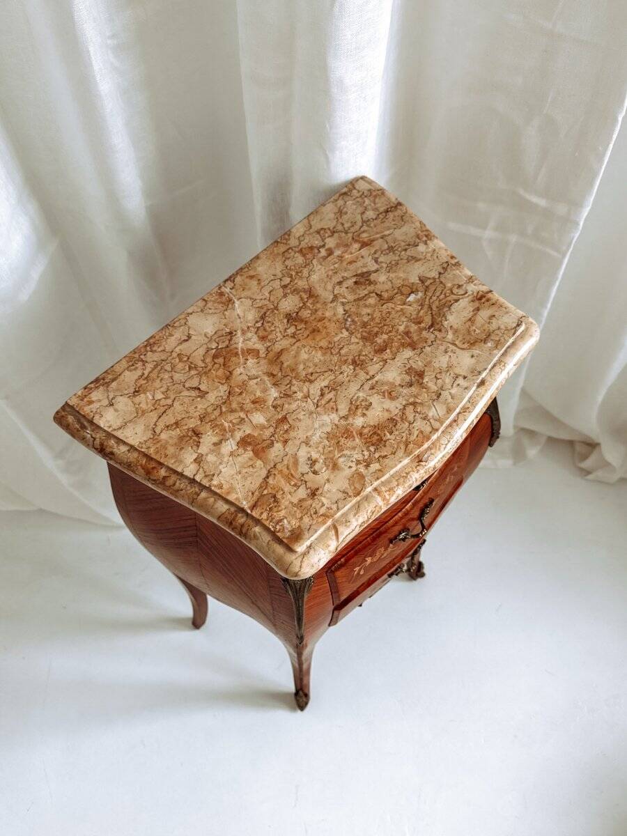 Mid-century French Louis XV style bedside tables with marble tops and floral marquetry, 1940s, set of 2
