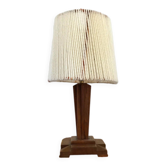 Art Deco oak lamp and wool lampshade from the 1930s