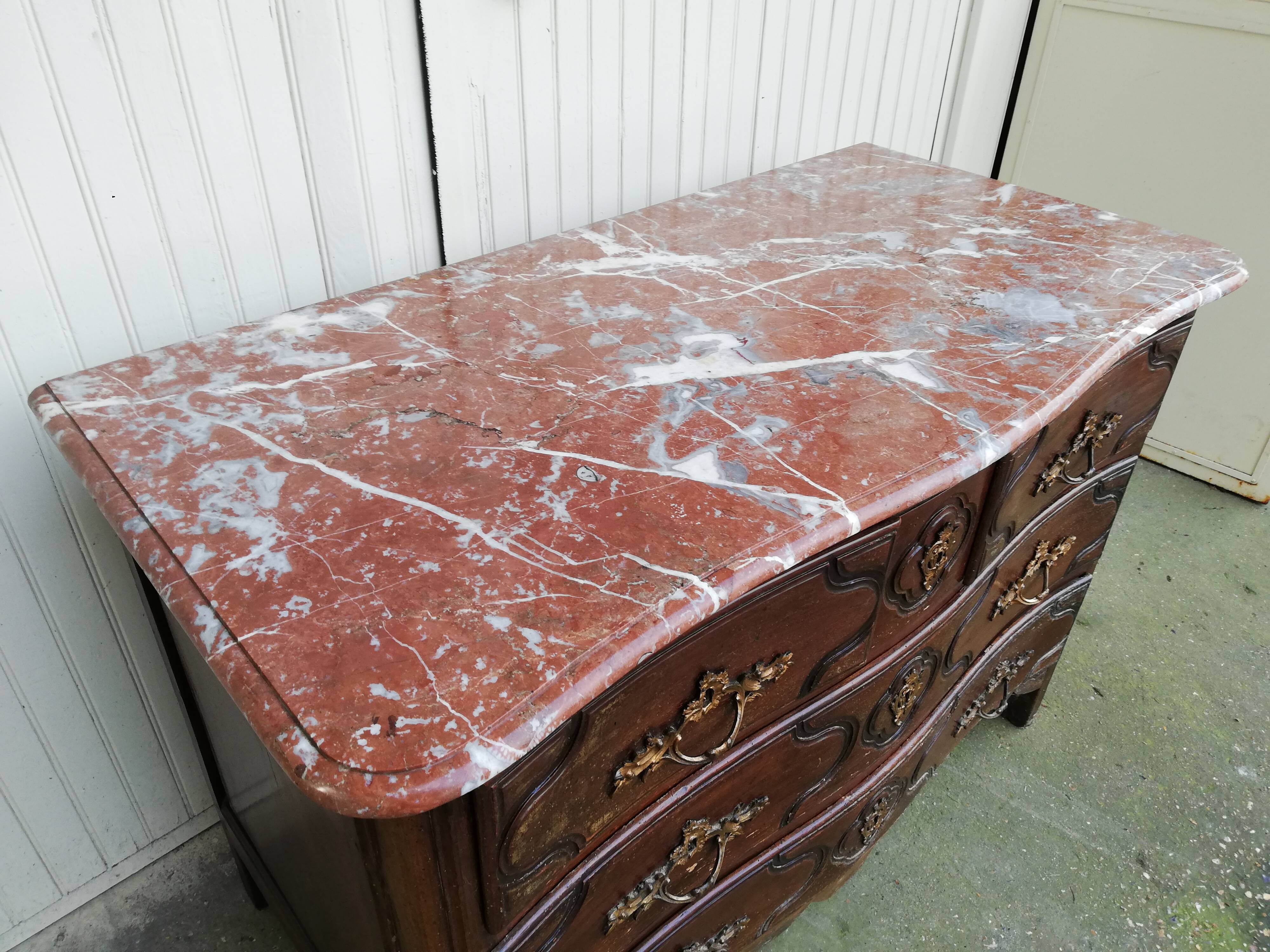 Louis XVI style curved chest of drawers, wooden structure and marble top