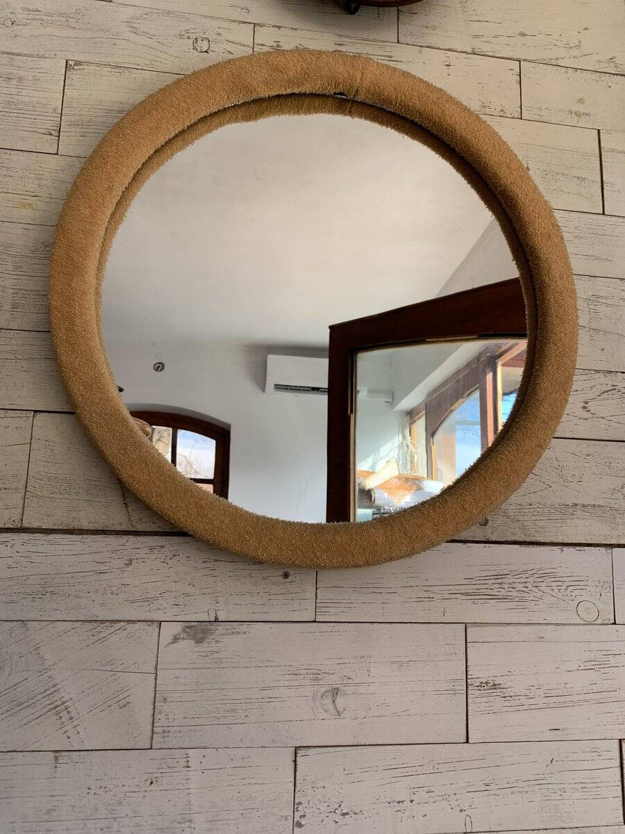 Vintage 1950s round wall mirror, wooden frame and mirror, yellow finish.