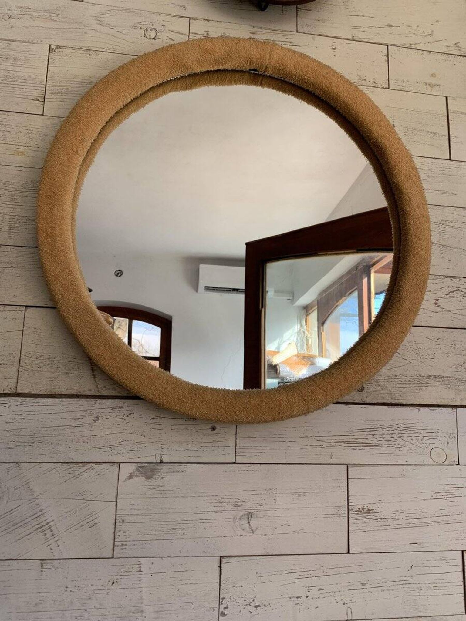 Vintage 1950s round wall mirror, wooden frame and mirror, yellow finish.