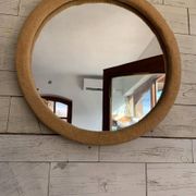 Vintage 1950s round wall mirror, wooden frame and mirror, yellow finish.