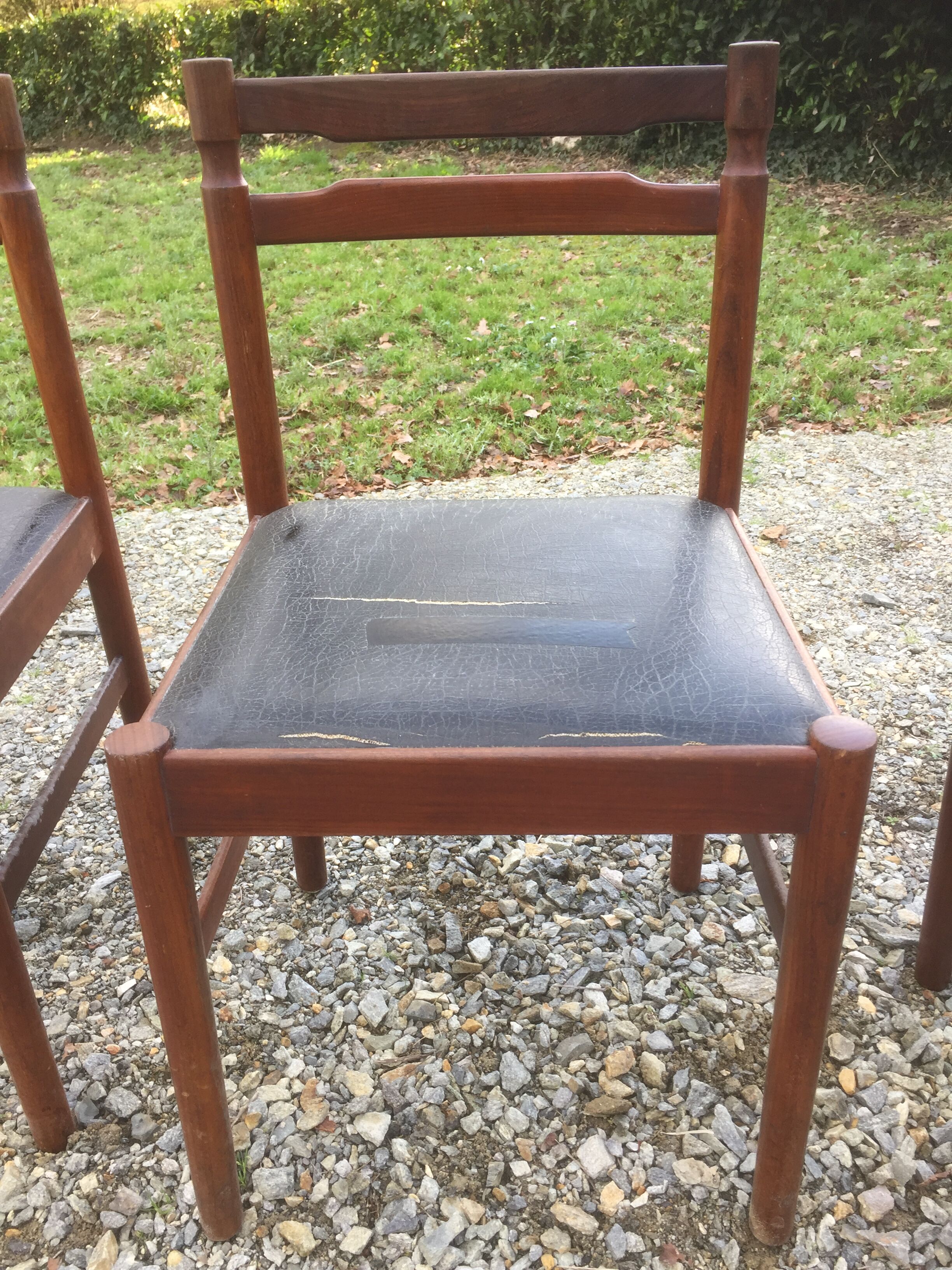 Vintage scandinavian teak chairs, black skaï seats as it is