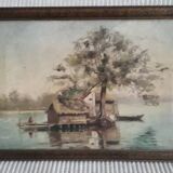 Tableau ancien à l'huile représentant un paysage