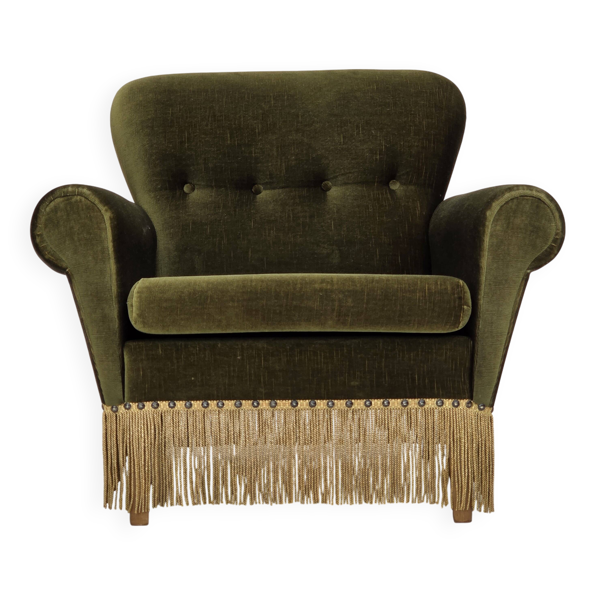 1970s, Danish lounge chair, low, furniture velour, ash wood legs.