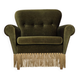 1970s, Danish lounge chair, low, furniture velour, ash wood legs.