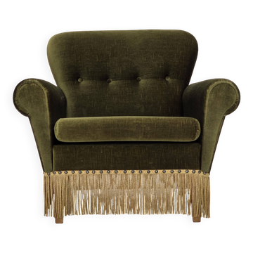 1970s, Danish lounge chair, low, furniture velour, ash wood legs.