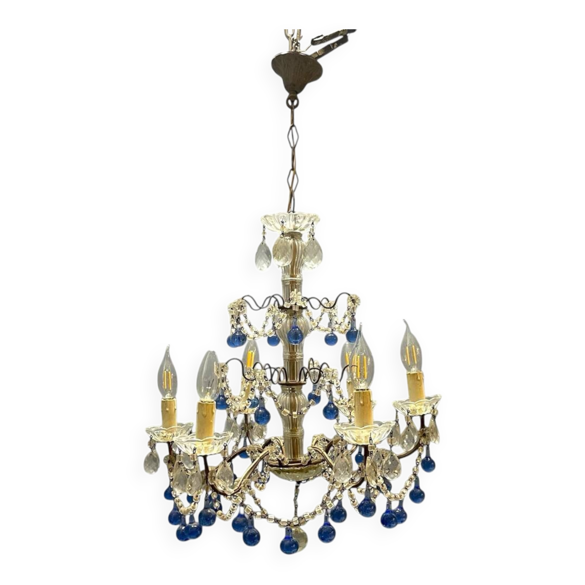 Vintage Italian Macaroni Murano  Blue Chandelier