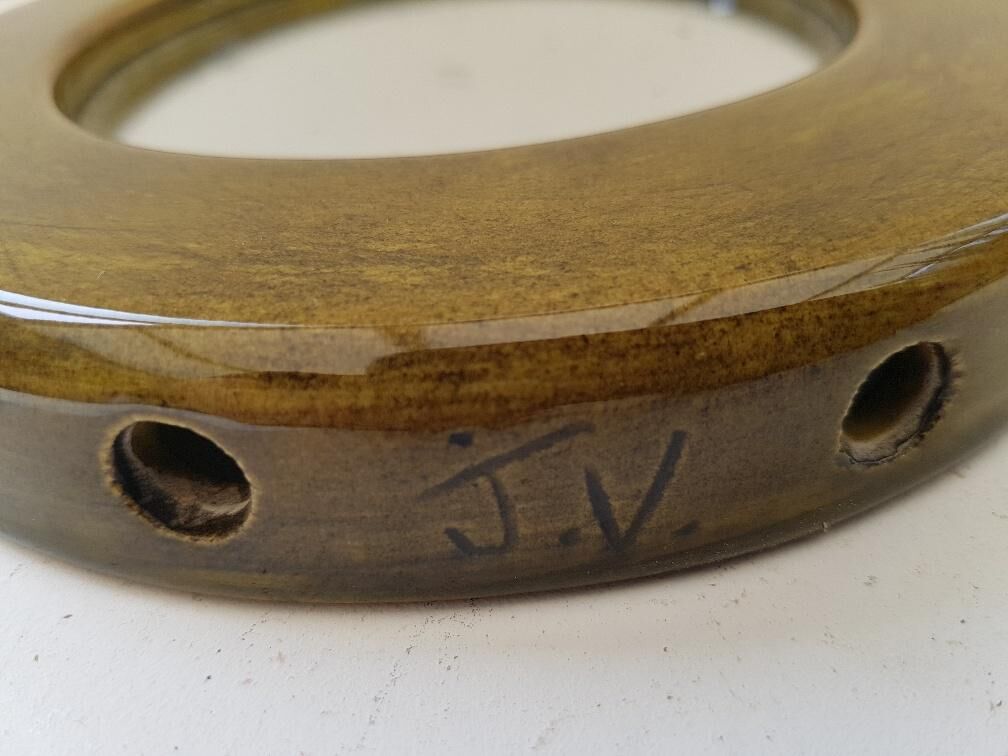 Small round mirror "J.V." 50s signed ceramic 17cm