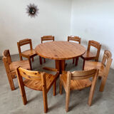 Table set and 8 chairs in solid Scandinavian pine ASKO vintage 80s