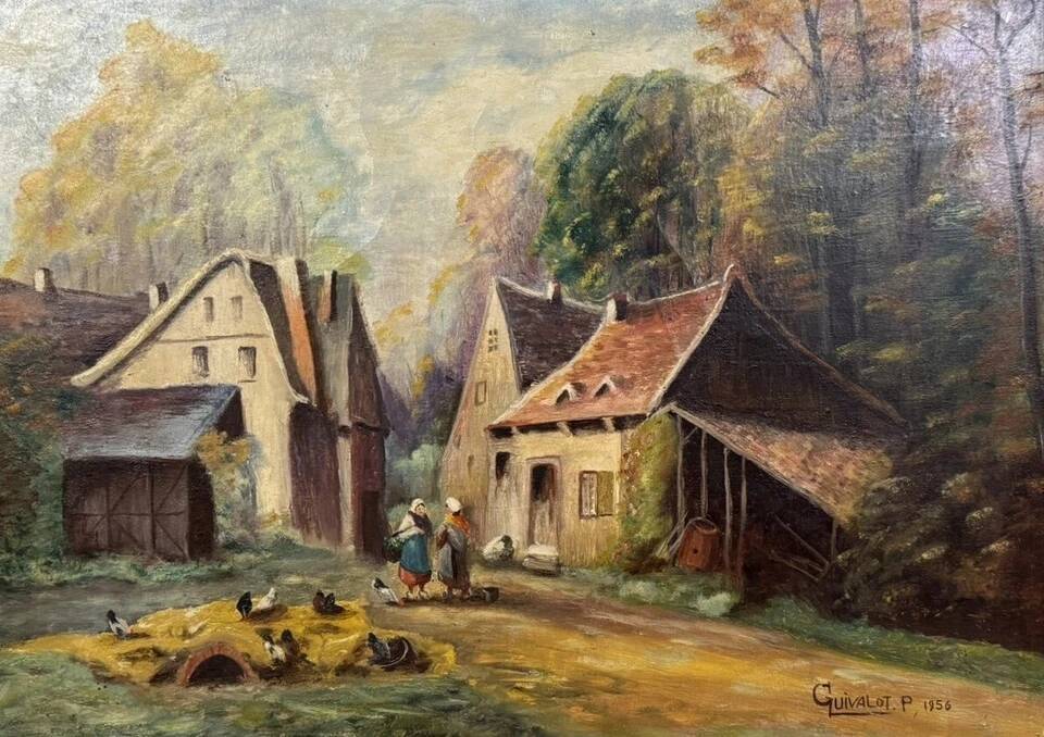 P. Guivalot: Oil painting on canvas, lively rural landscape, signed and dated 1956