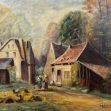 P. Guivalot: Oil painting on canvas, lively rural landscape, signed and dated 1956